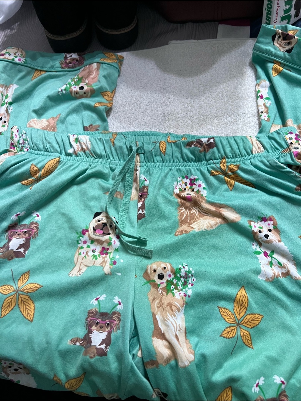 MUK LUKS PM Petite Medium Pajama Pants Dog Print Turquoise Floral Leaves Soft